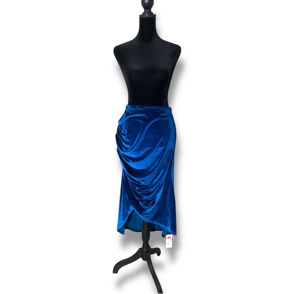 Cider NWT Elegant Royal Blue Asymmetrical Elastic Waist Velvet Midi Skirt - Picture 1 of 15